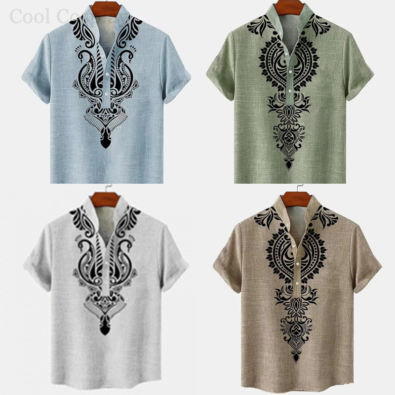 Ethnic Fashion For Men - 남성 레트로 헨리 셔츠 남성용 3D