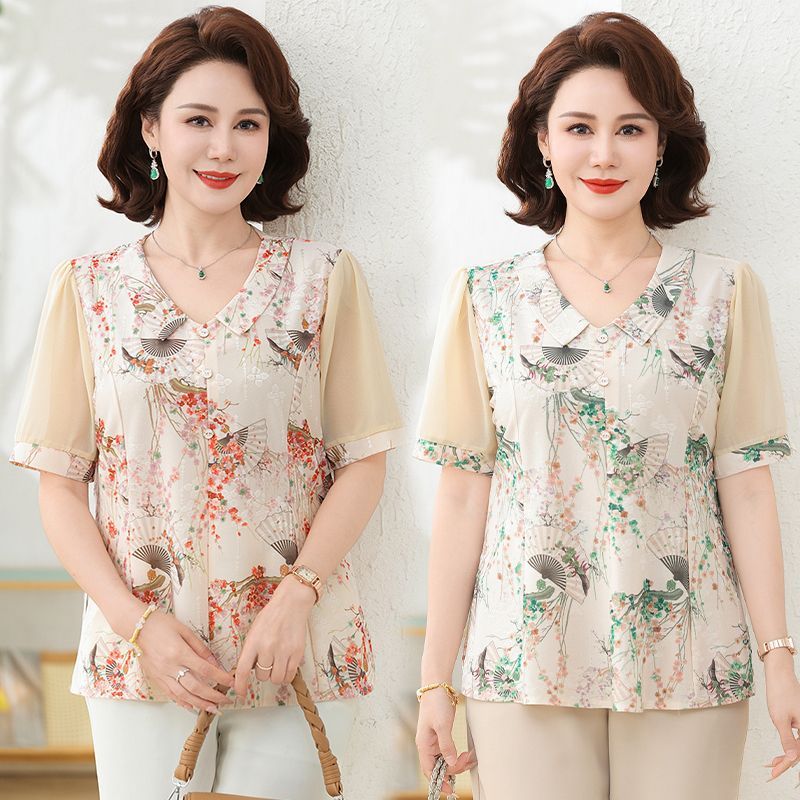 The Ethnic Fashion - 세련된 여름 통근 중년 여성용 크루넥
