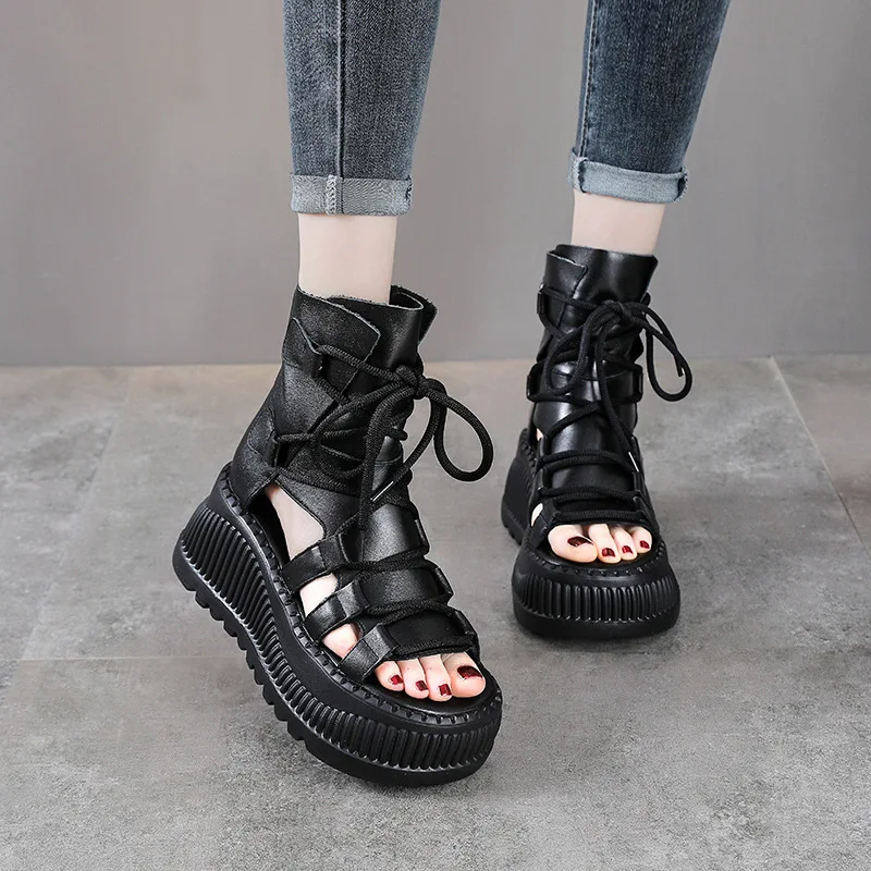8CM 에스닉 소 가죽 앵클 부츠 여성용 속굽 플랫폼  - The Ethnic Fashion 리뷰 및 가격