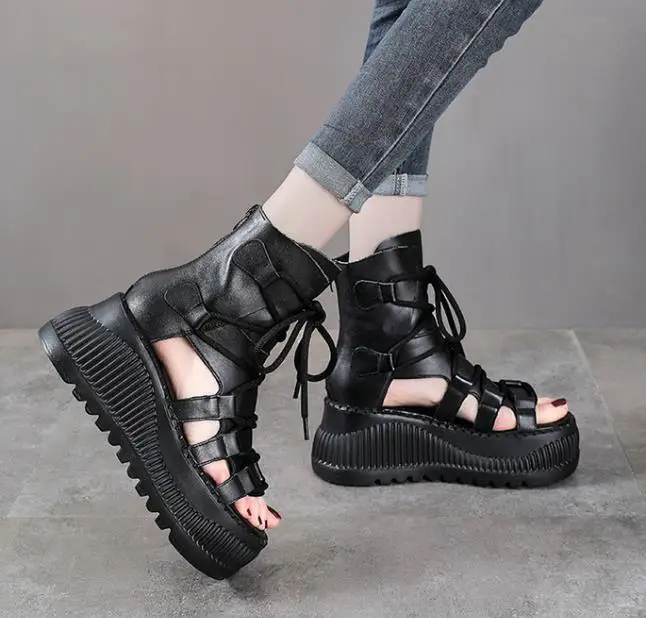 8CM 에스닉 소 가죽 앵클 부츠 여성용 속굽 플랫폼  - The Ethnic Fashion 리뷰 및 가격