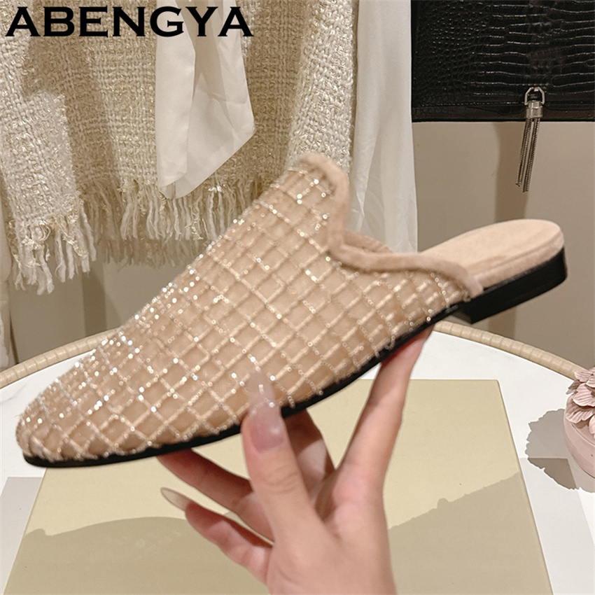 반짝이는 레이스 메쉬 라운드 토 플랫 슬리퍼 여성용 블 - The Ethnic Fashion 리뷰 및 가격