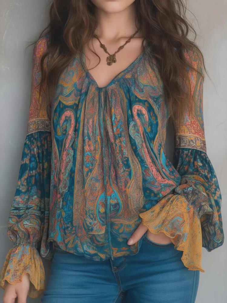 민족풍 여성 빈티지 보헤미안 탑 러플 긴팔 V넥 캐주얼 - Ethnic Fashion Wear 리뷰 및 가격