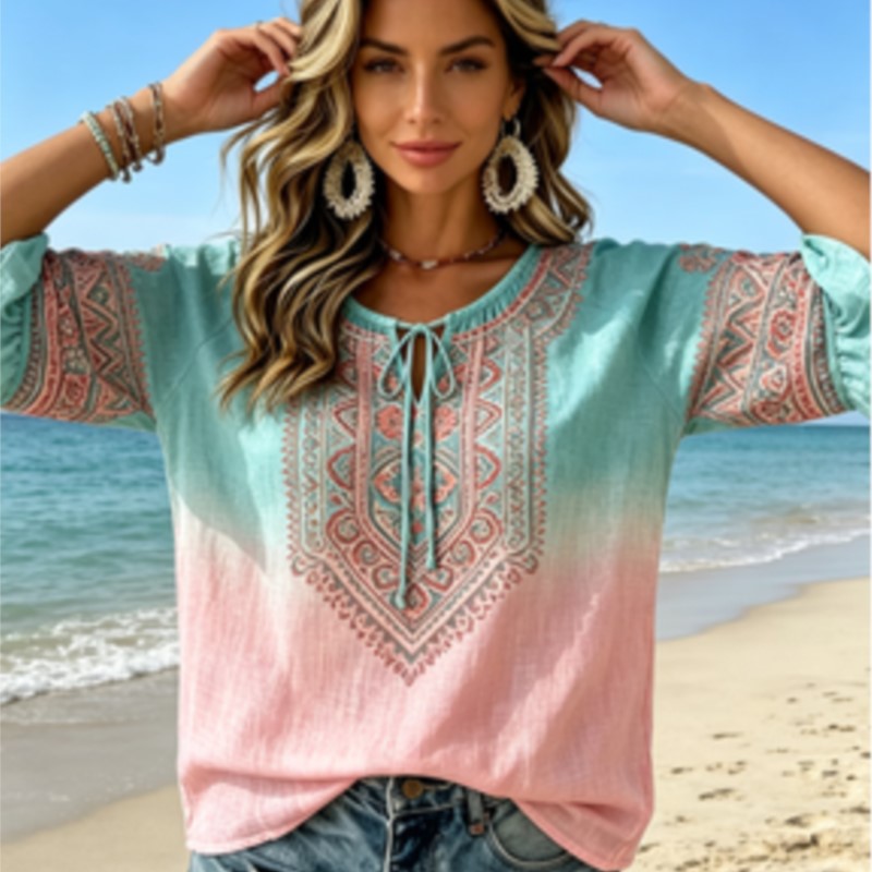여성용 그라데이션 블루 핑크 에스닉 페이즐리 프린트 블 - Ethnic Fashion Wear 리뷰 및 가격