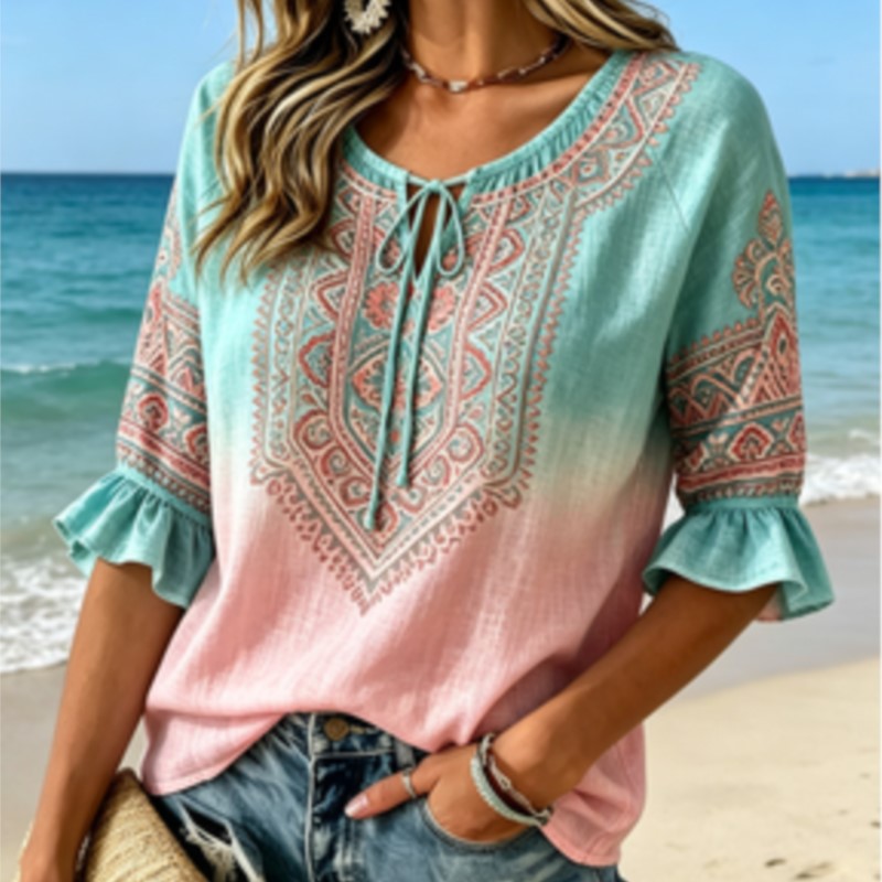 여성용 그라데이션 블루 핑크 에스닉 페이즐리 프린트 블 - Ethnic Fashion Wear 리뷰 및 가격